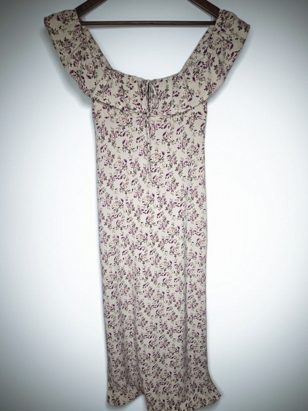 Wild Fable Boho Cream Purple Floral Off The Shoulder Ruffle Maxi Dress Size M